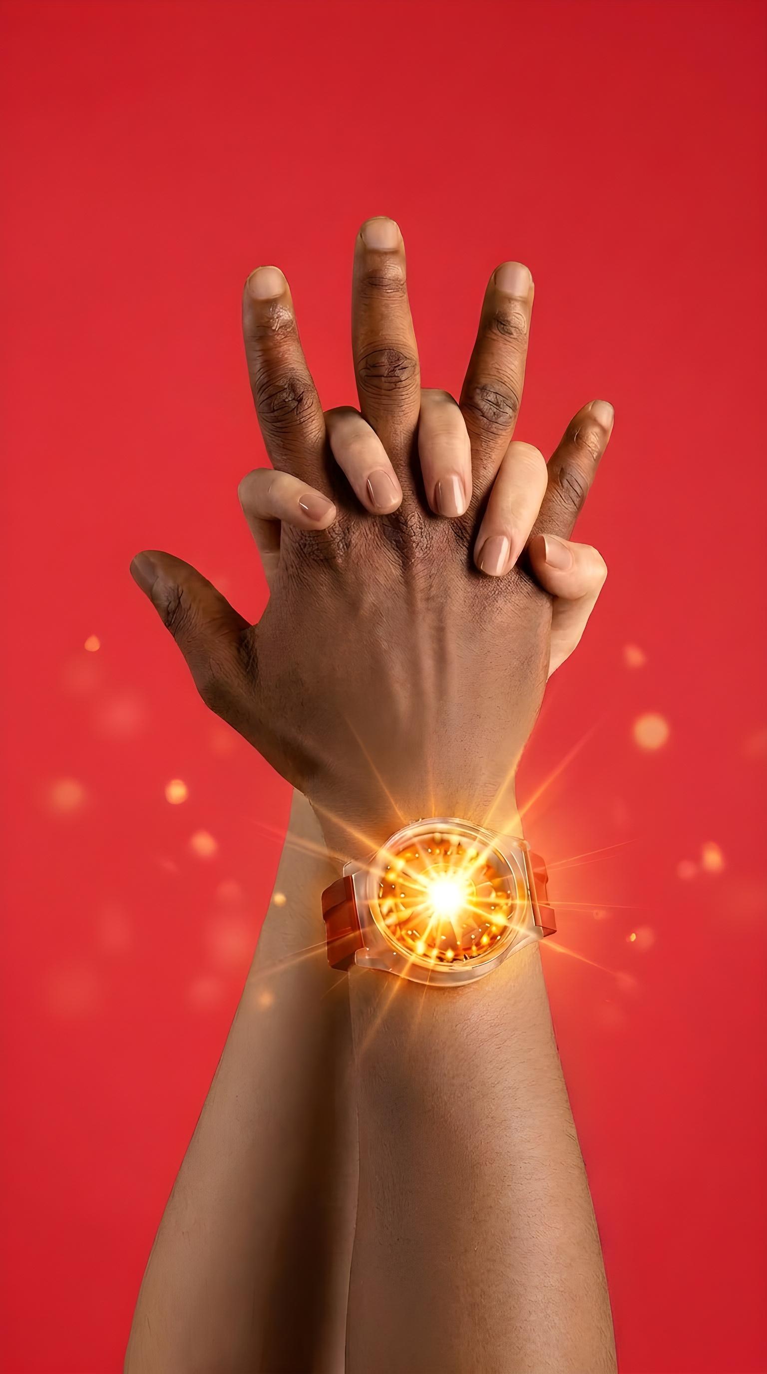 A hand raised to the sky with the Vibz wristband glowing on the wrist, on a red background